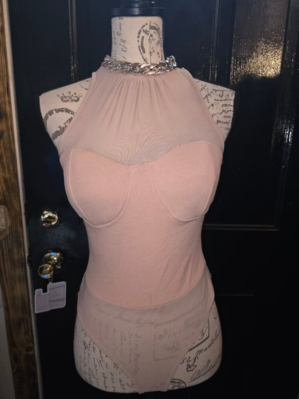 Privy Privately Privileged Sheer Mesh light pink Bodysuit With Halter Neckline &